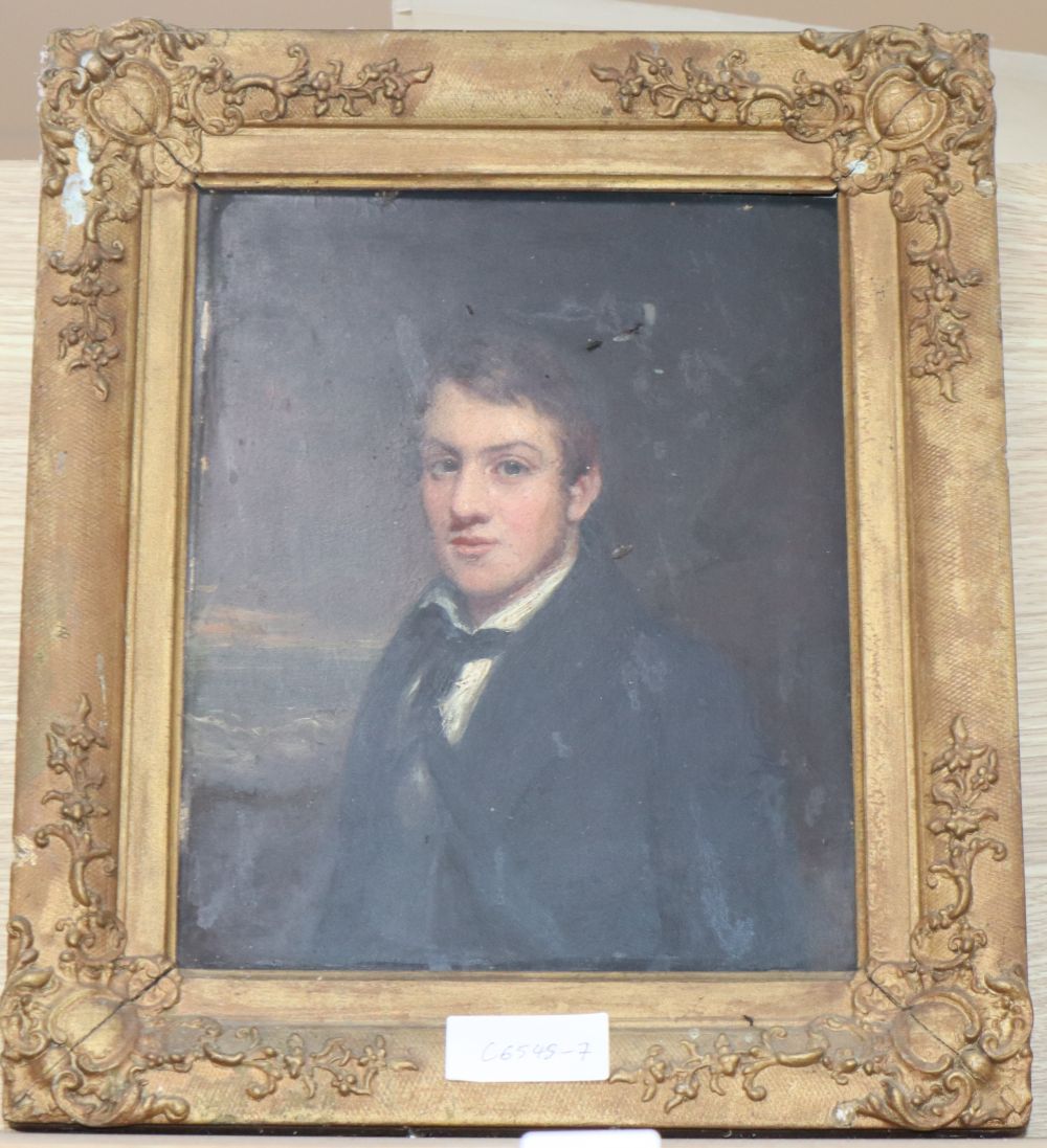 Victorian School, oil on mill board, Portrait of a young man, 27 x 22cm